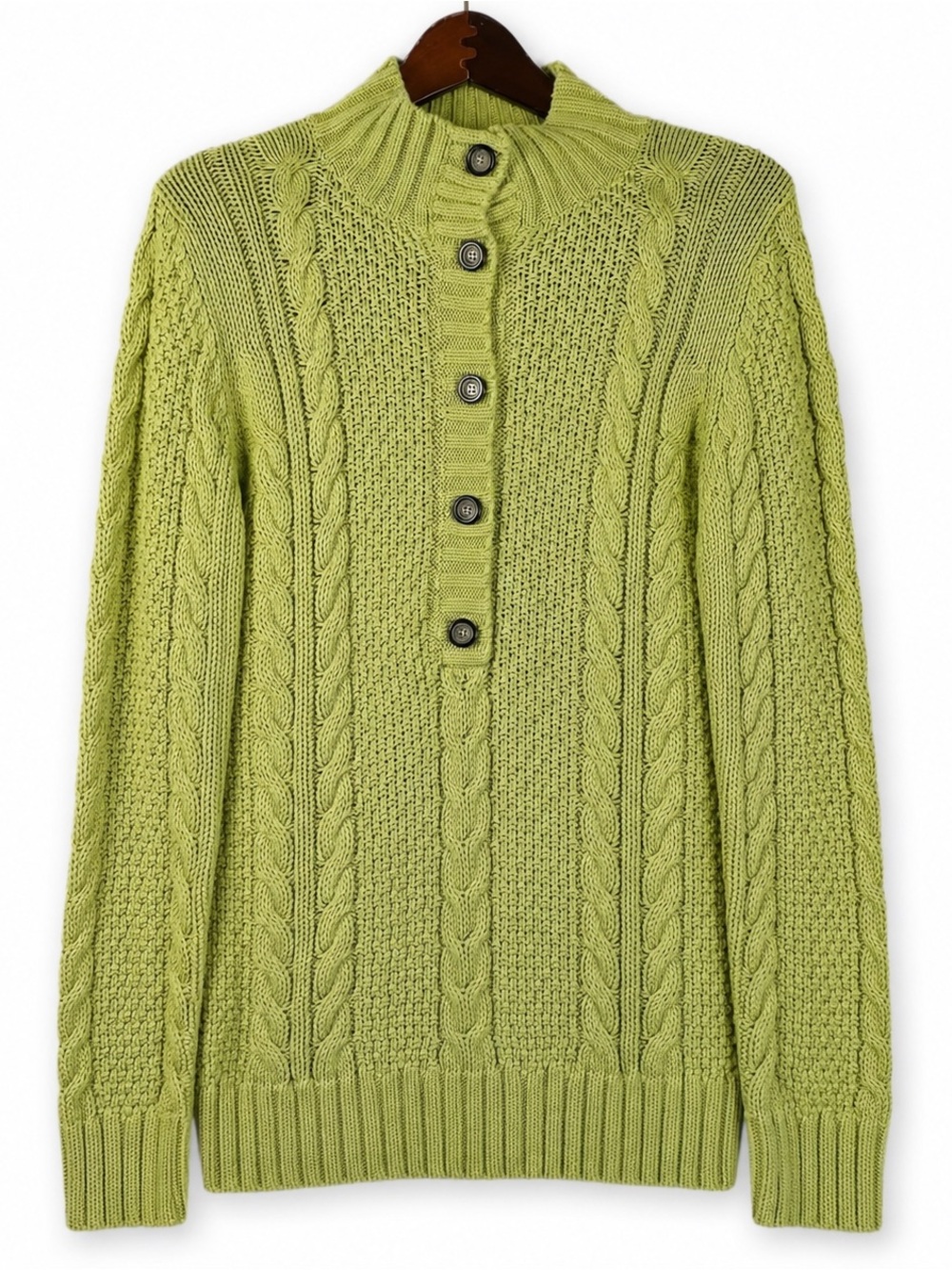 Leo & Nicole NWT Chunky Cotton Cable Knit Mock Neck Sweater L Chartreuse